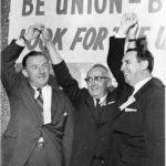 President of State Labor Council with gubernatorial candidates, Hartford, 1962